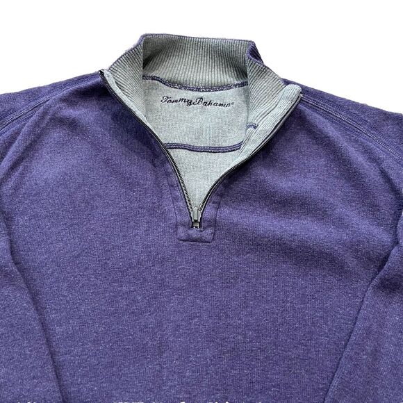 Tommy Bahama Men’s 1/4 Zip Sweater Large Reversible Cotton Purple Gray Mock Neck - Picture 2 of 9